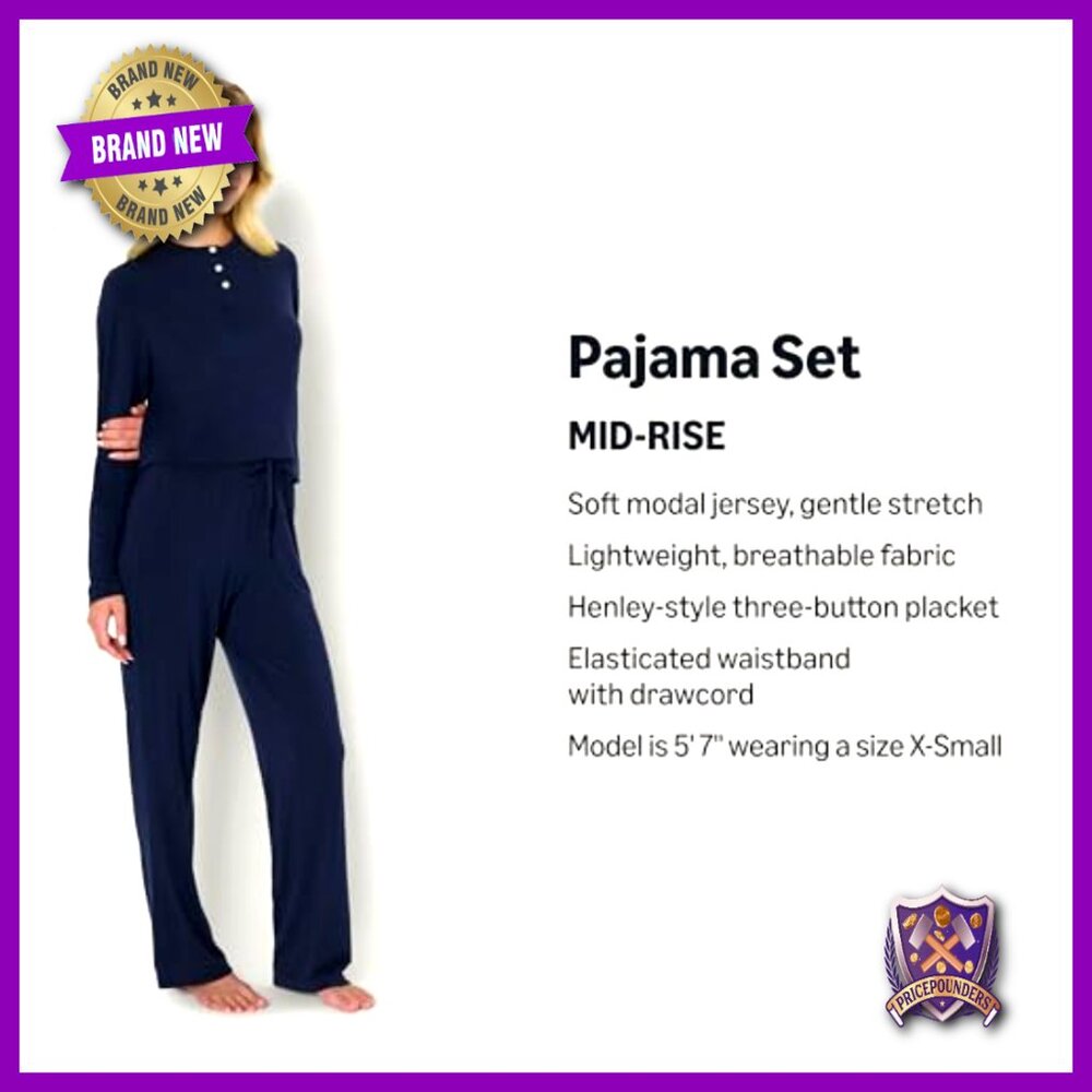 Women's Long Sleeve Henley Pajama Set Modal Jersey Large Relaxed Fit - Picture 2 of 7